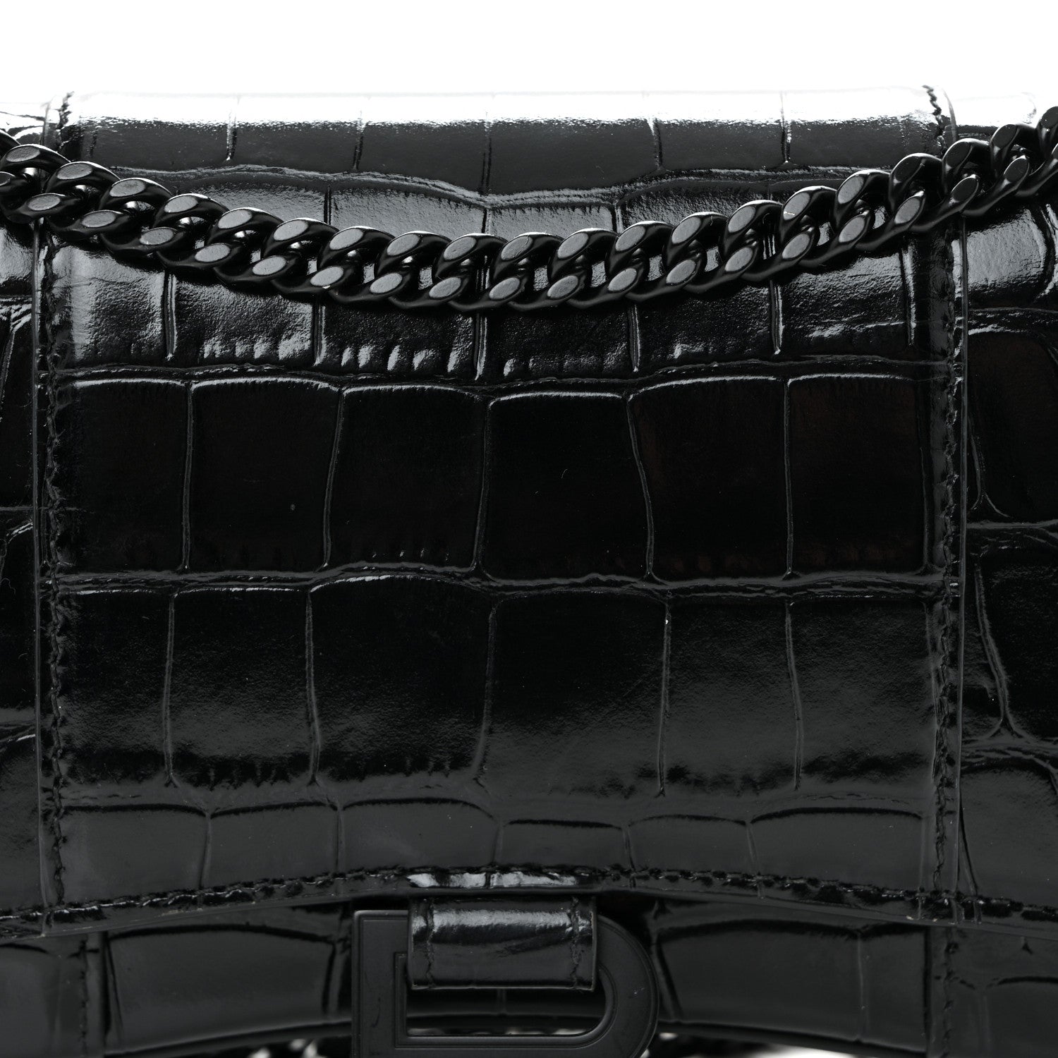 Balenciaga Shiny Calfskin Monochrome Crocodile Embossed Hourglass Chain Bag Black 7 of 10