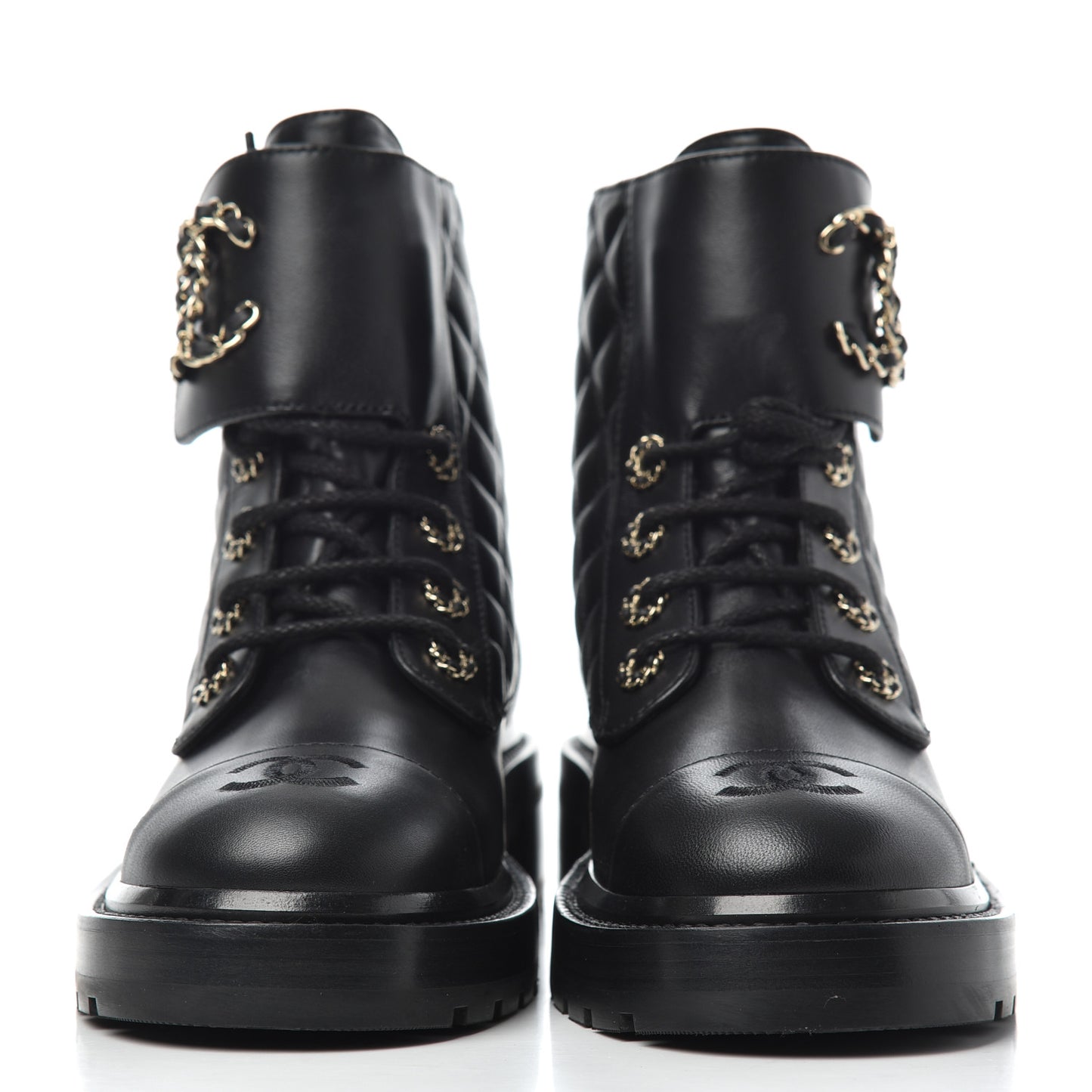 Shiny Lambskin Quilted Lace Up Combat Boots 37.5 Black