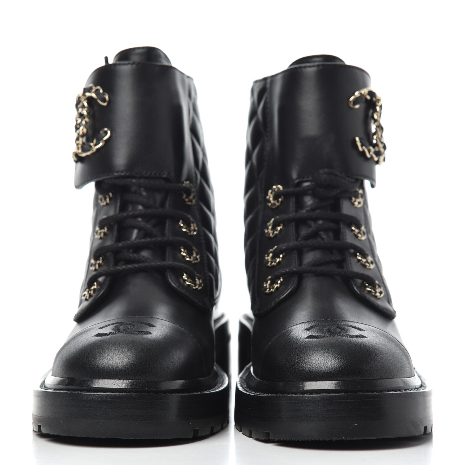 Chanel Shiny Lambskin Quilted Lace Up Combat Boots 37.5 Black 2 of 13