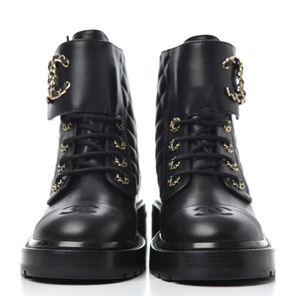 Chanel Shiny Lambskin Quilted Lace Up Combat Boots 37.5 Black 2 of 13