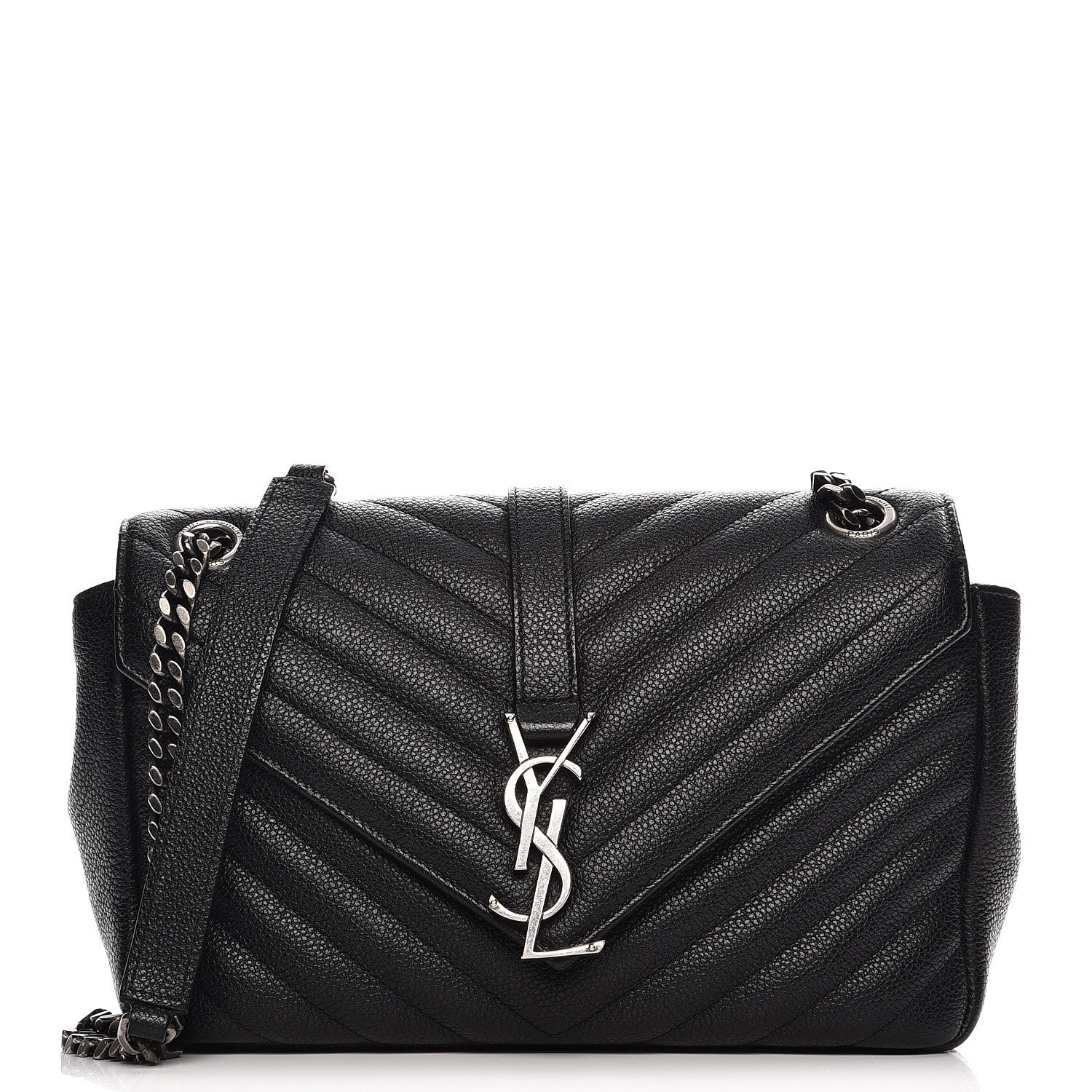 Saint Laurent Grained Calfskin Matelasse Chevron Medium Monogram Chain Bag Black 1 of 9