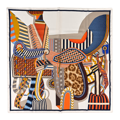Hermes Silk La Selle Imaginaire Scarf 90 White Bleu Brune 1 of 3