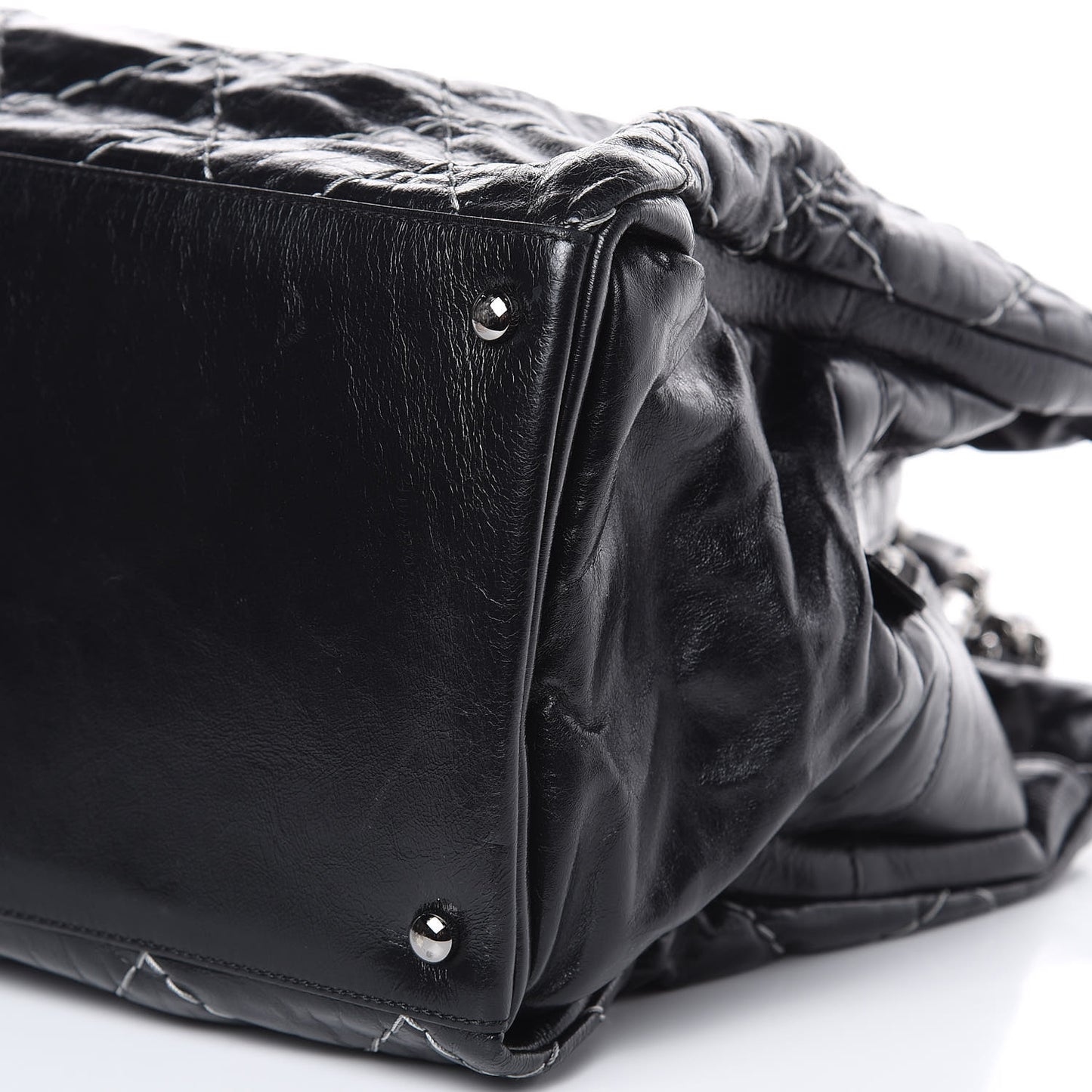 Glazed Goatskin Double Contrast Stitch Large Tote Black