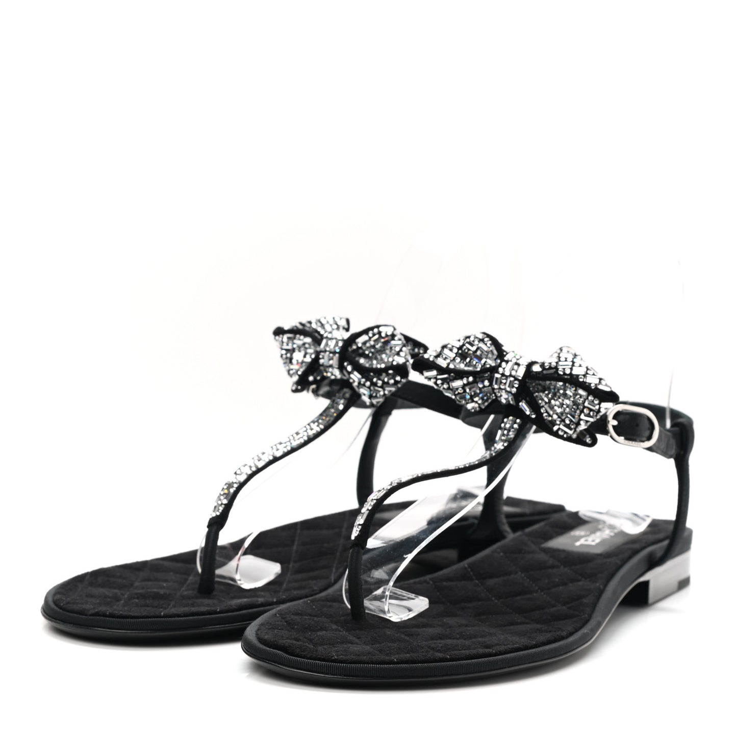 Grosgrain Velvet Crystal Bow Thong Sandals 40 Black