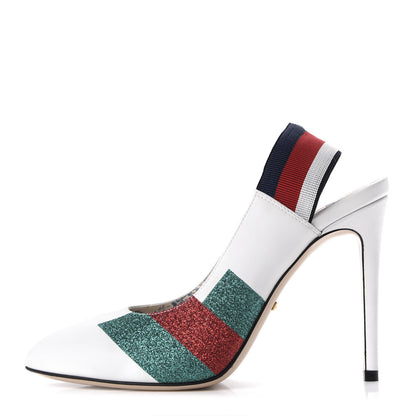 Gucci Calfskin Glitter Web High Heel Slingback Pumps 38 White 1 of 9