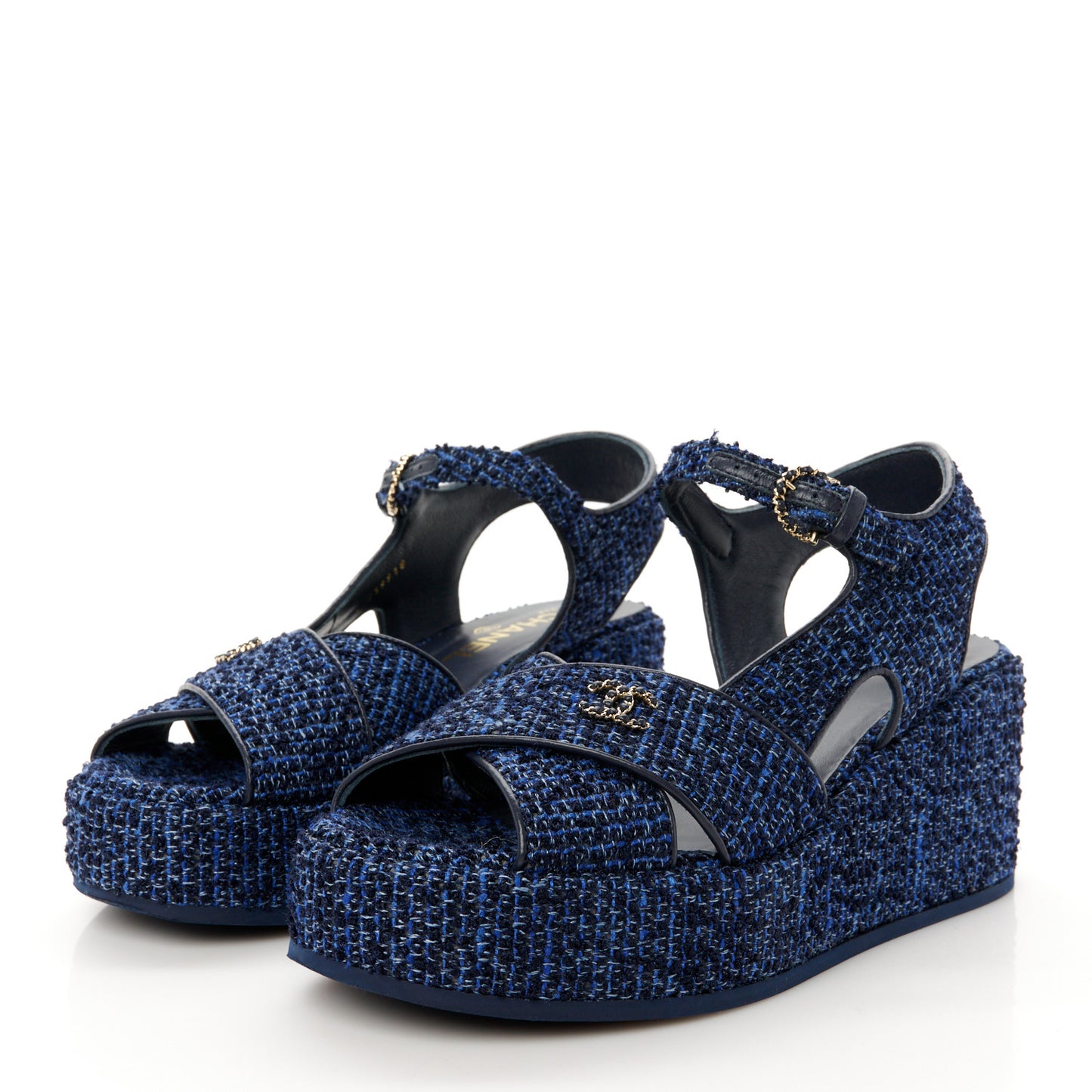 Silk Linen Tweed Quilted CC Platform Sandals 38.5 Navy Blue Gray