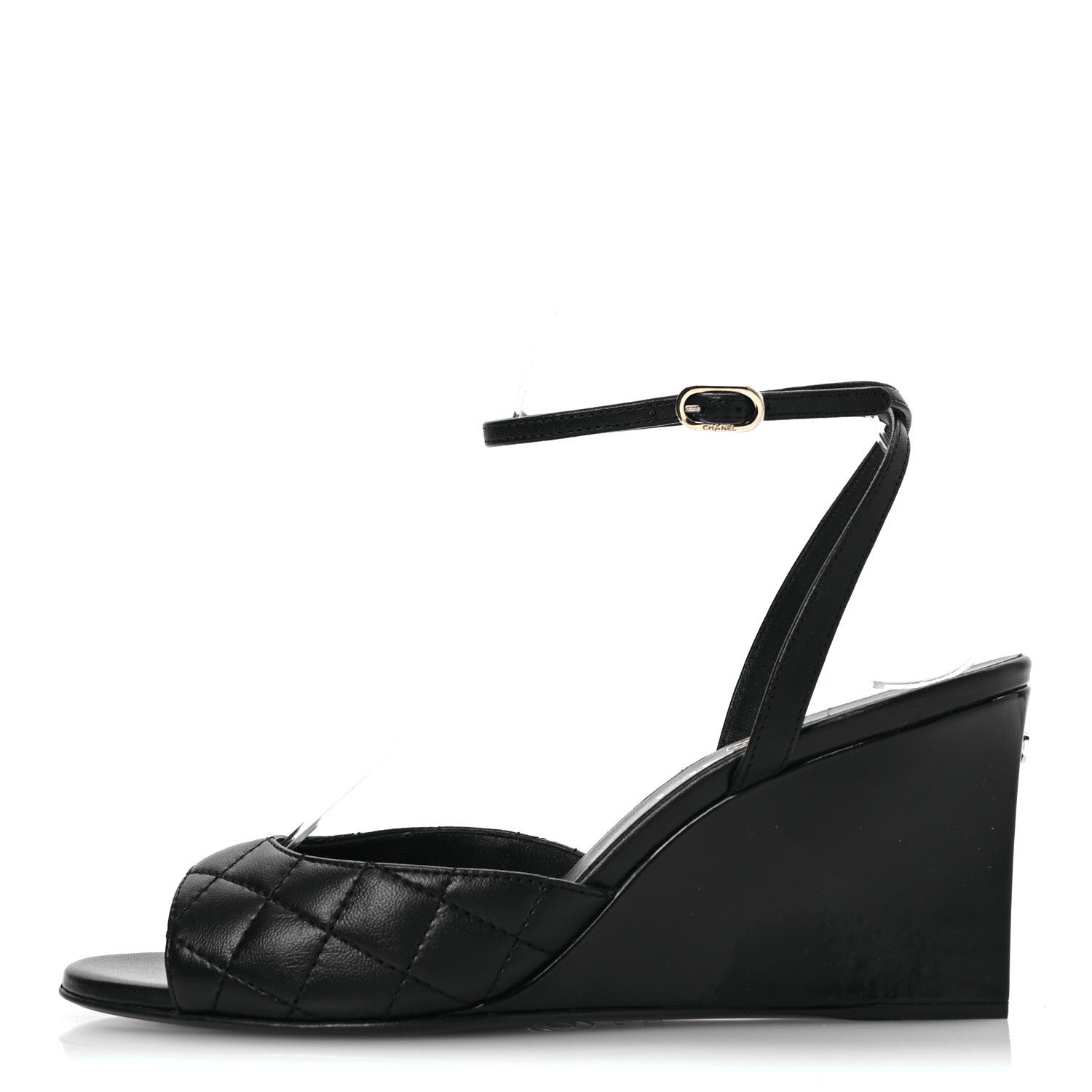 Chanel Lambskin Patent Quilted Wedge Sandals 37.5 Black 1 of 12
