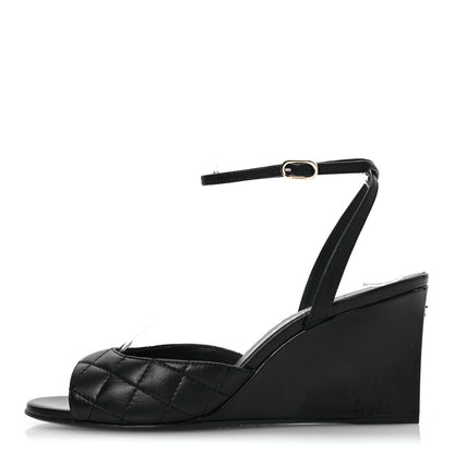 Chanel Lambskin Patent Quilted Wedge Sandals 37.5 Black 1 of 12
