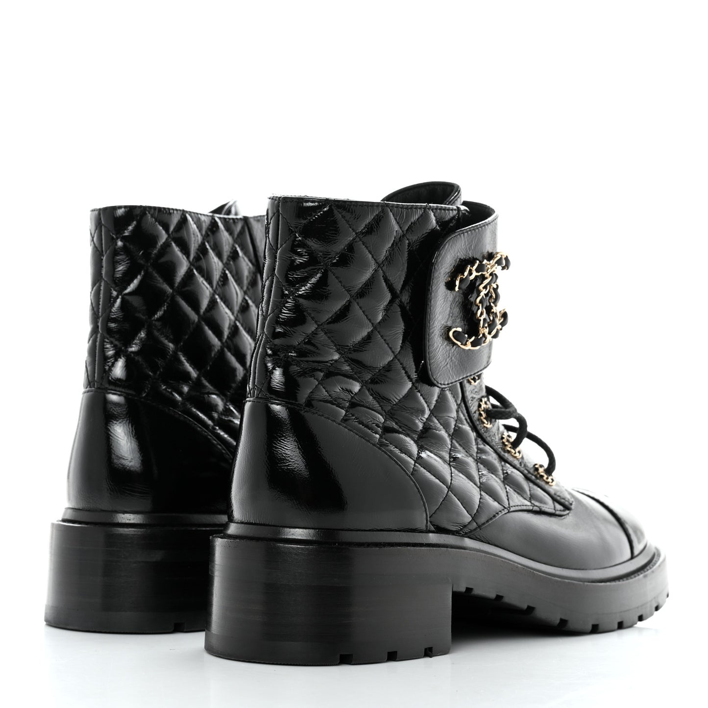 Shiny Calfskin Quilted Lace Up Combat Boots 41 Black