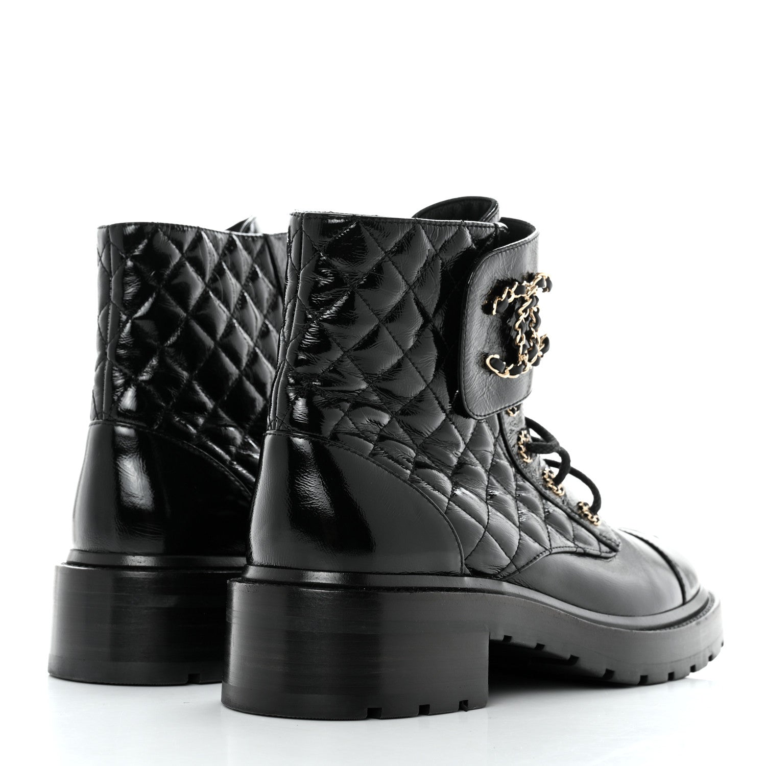 Chanel Shiny Calfskin Quilted Lace Up Combat Boots 41 Black 4 of 8