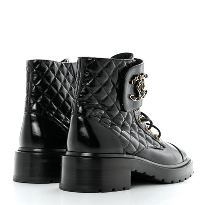 Chanel Shiny Calfskin Quilted Lace Up Combat Boots 41 Black 4 of 8