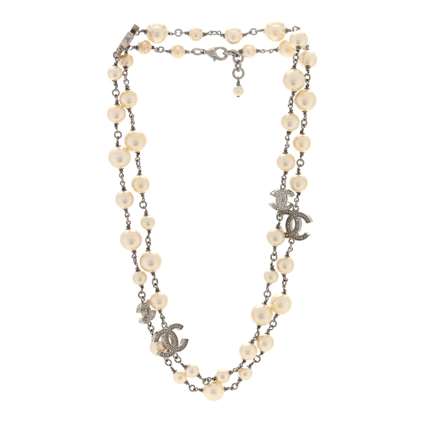 Pearl Crystal CC Long Necklace Silver