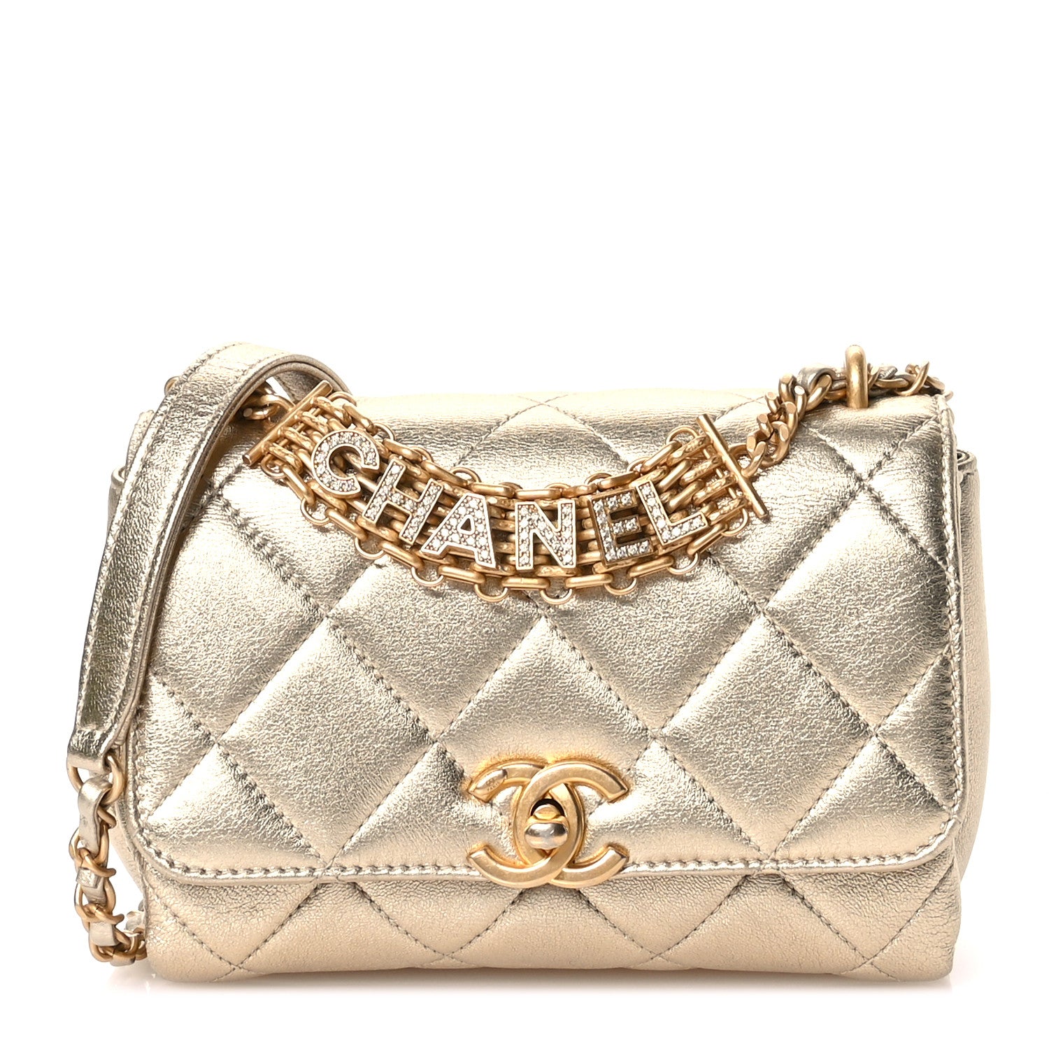 CHANEL MAKEUP キルティングバッグゴールドチェーン Chanel Metallic Lambskin Quilted Mini CC Crystal Logo Chain Flap