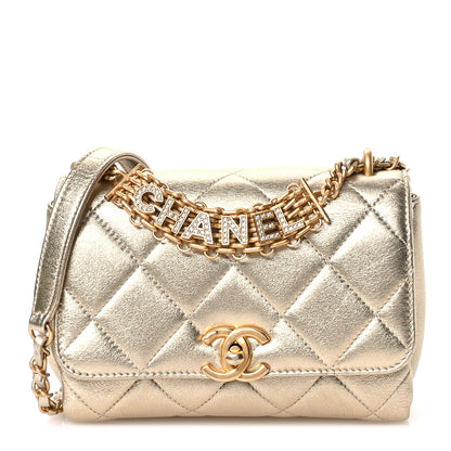 Chanel Metallic Lambskin Quilted Mini CC Crystal Logo Chain Flap Gold 1 of 11