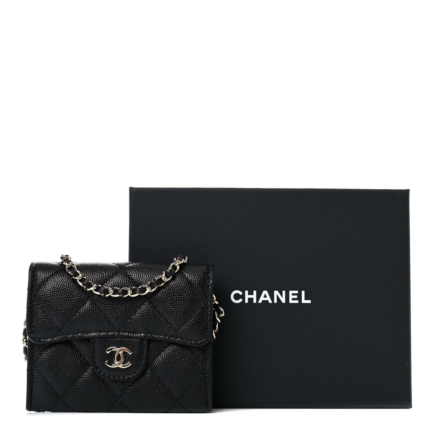 Caviar Quilted Flap Card Holder On Chain Black