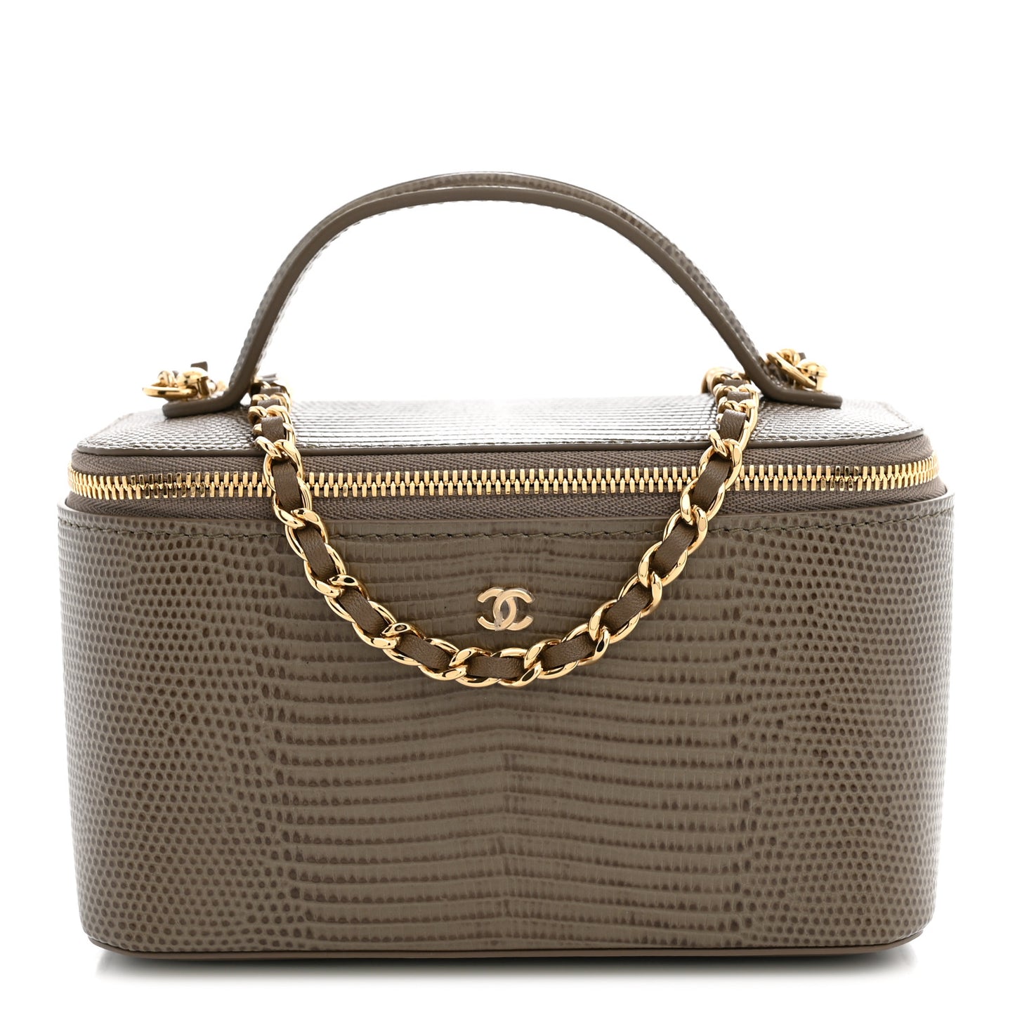 Calfskin Lizard Embossed Top Handle Vanity With Chain Dark Khaki
