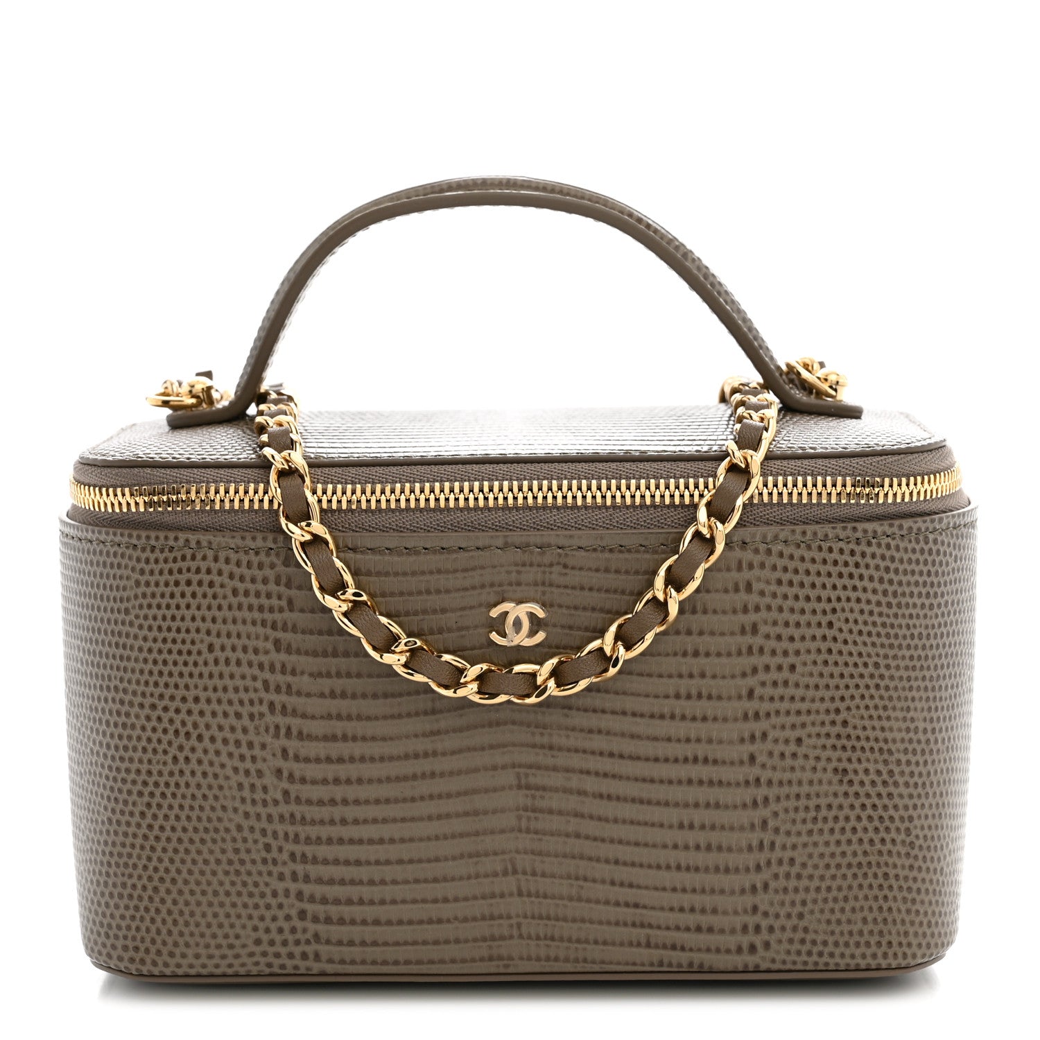 Chanel Calfskin Lizard Embossed Top Handle Vanity With Chain Dark Khaki 1 of 12