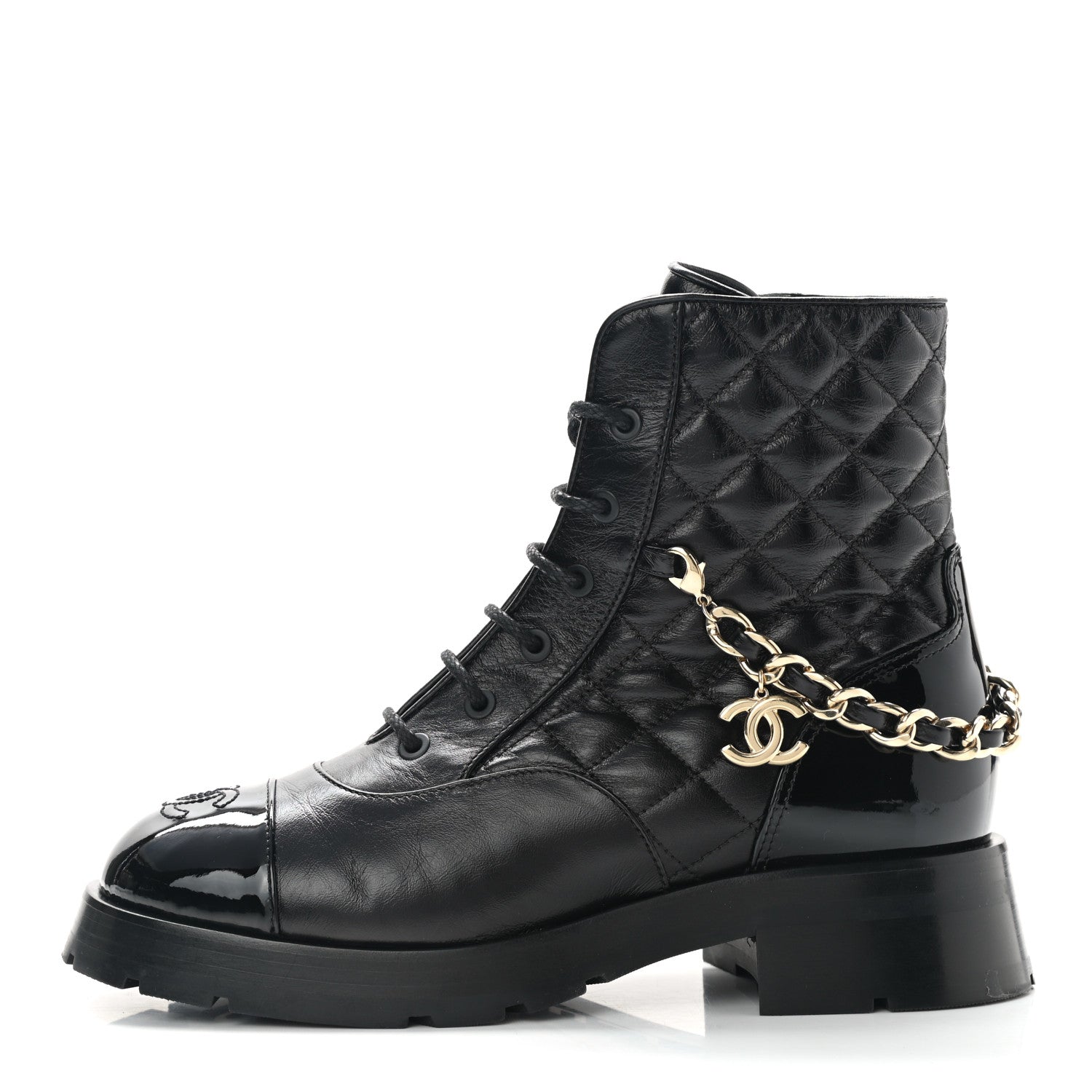 Chanel Shiny Calfskin Patent Quilted Chain Lace Up Combat Boots 38 Black 1 of 8