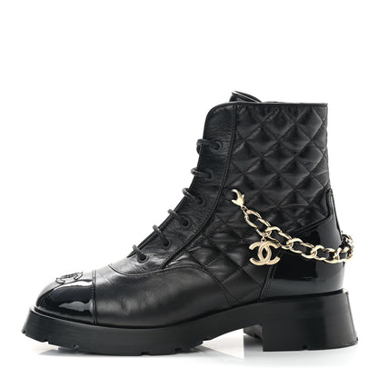 Chanel Shiny Calfskin Patent Quilted Chain Lace Up Combat Boots 38 Black 1 of 8