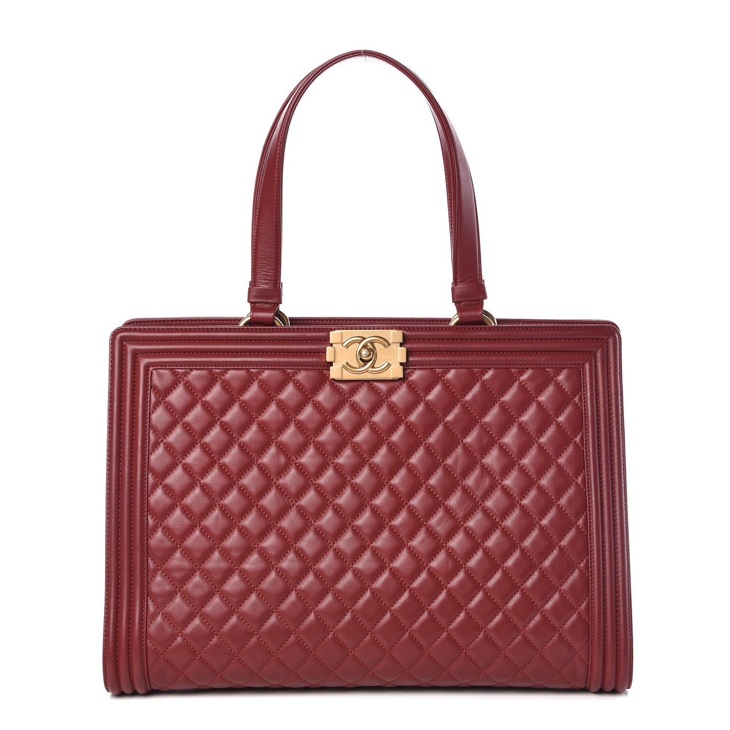 Lambskin Quilted Boy Shopping Tote Dark Red
