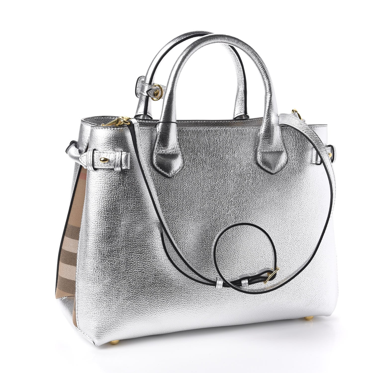 Burberry Metallic Grainy Calfskin House Check Medium Banner Tote Silver 2 of 9