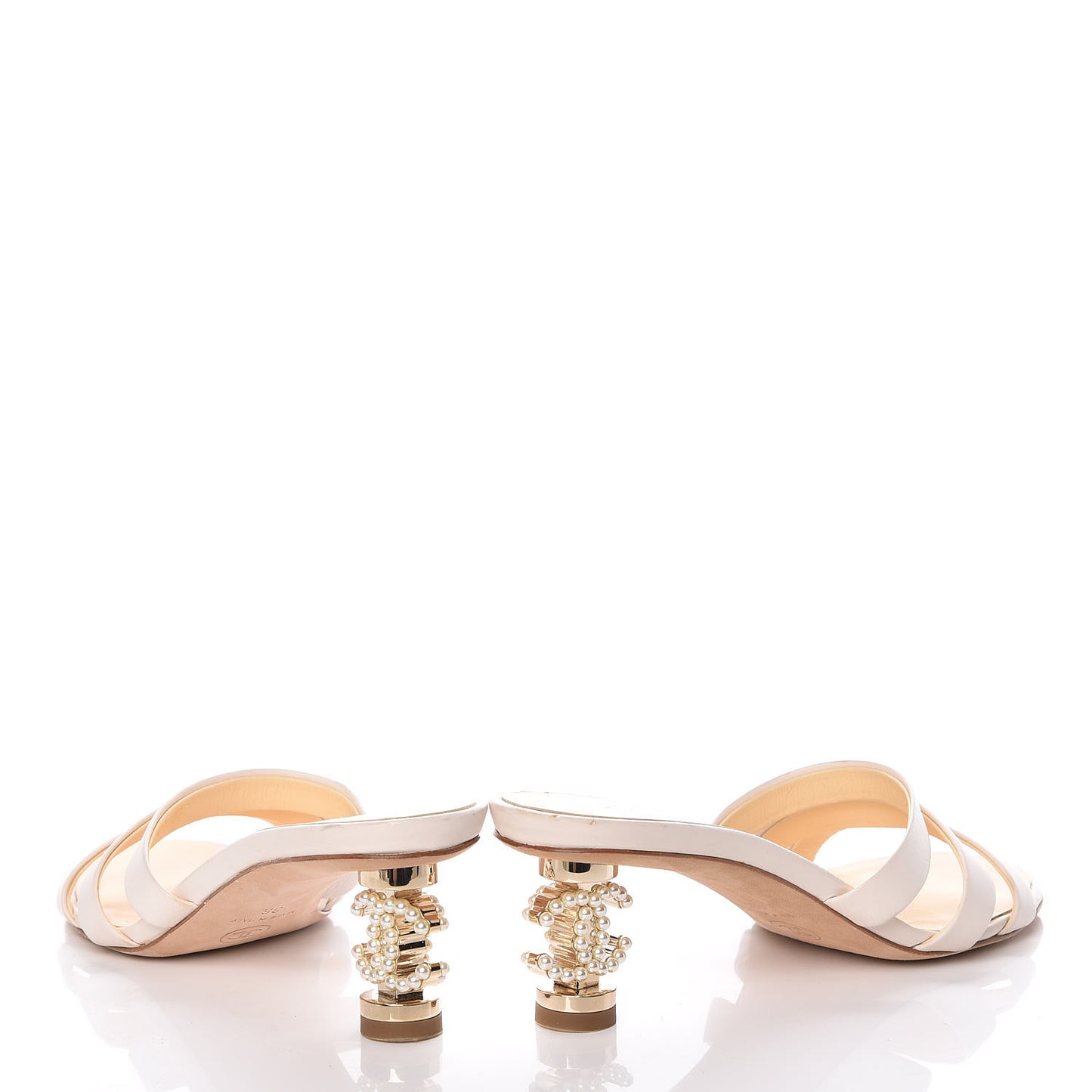 Calfskin Pearl CC Mule Sandals 36 White