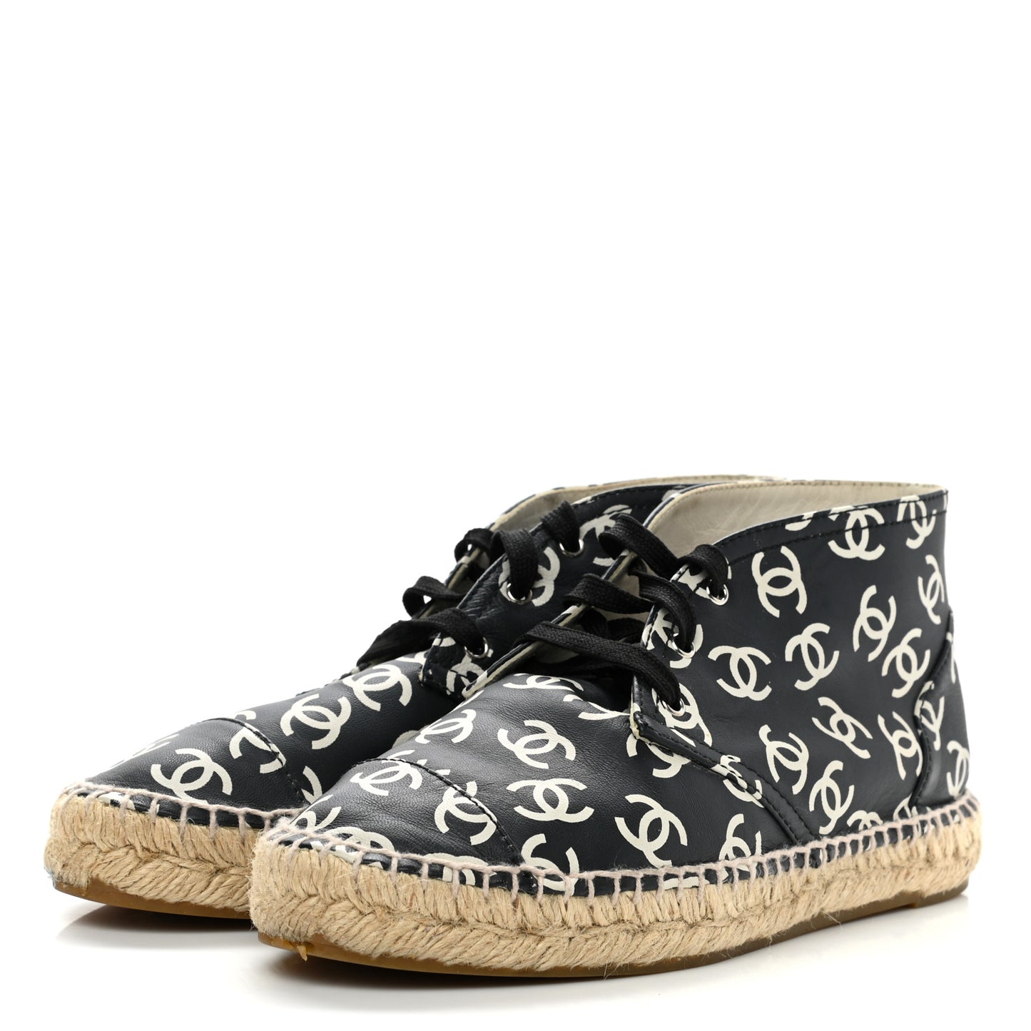 Lambskin Printed CC Lace Up Espadrilles 36 Black White