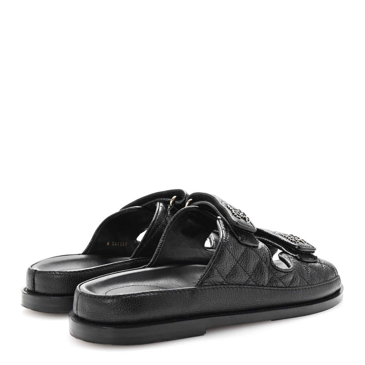 Grained Calfskin Quilted Velcro Dad Chain CC Slide Sandals 40 Black