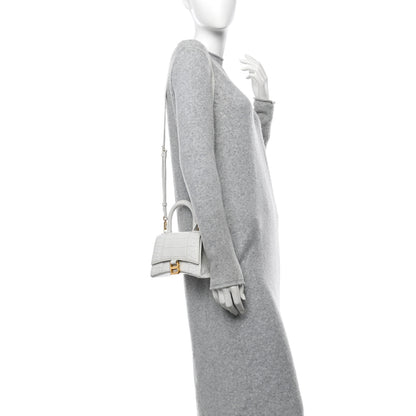 Balenciaga Shiny Calfskin Crocodile Embossed Hourglass Top Handle Bag XS White 2 of 10