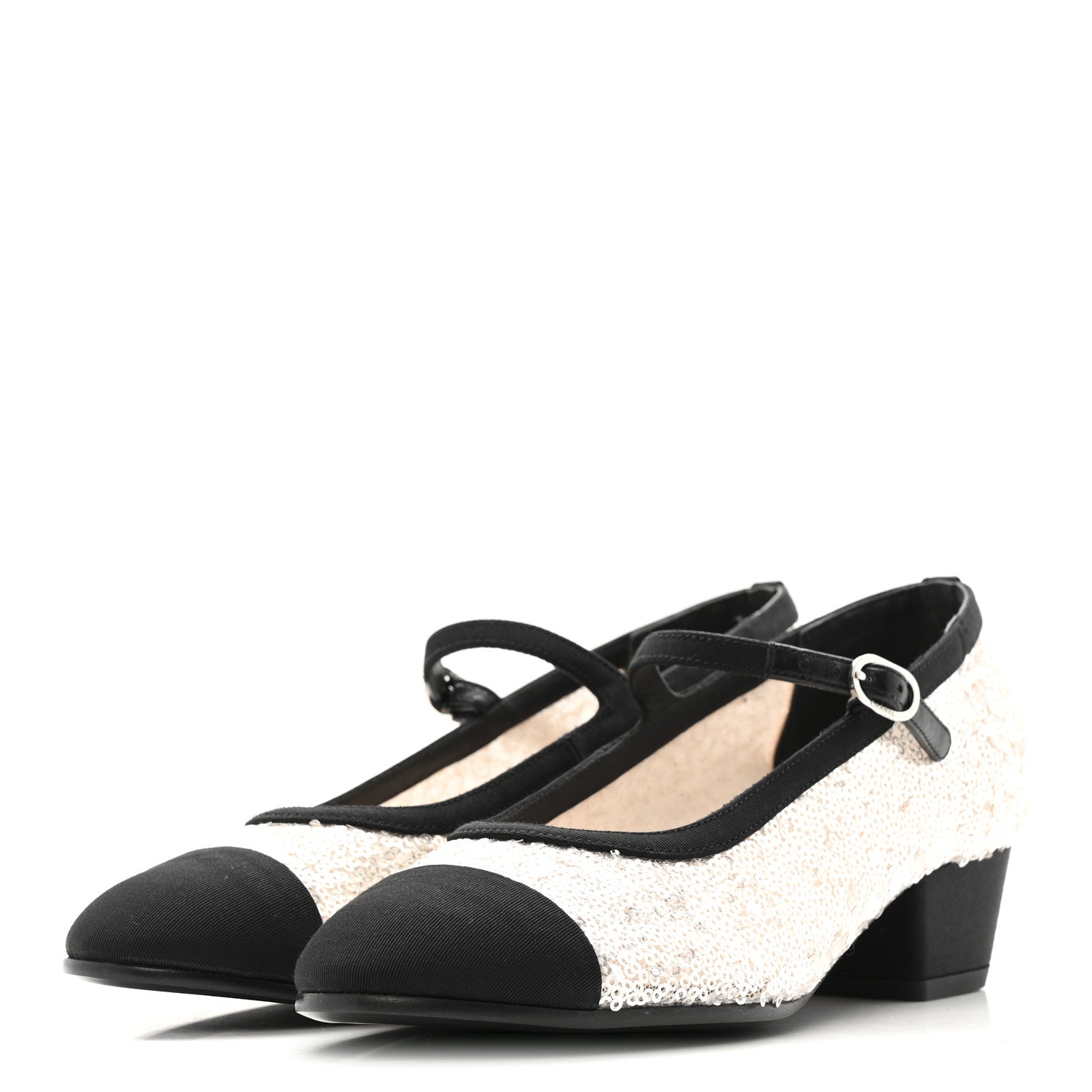 Chanel Glittered Tulle Sequin Grosgrain Cap Toe CC Mary Jane Pumps 36.5 Light Pink Black 4 of 10