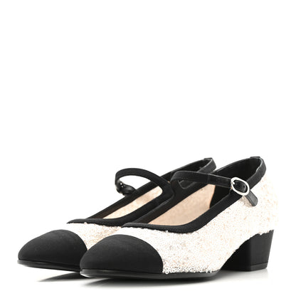 Chanel Glittered Tulle Sequin Grosgrain Cap Toe CC Mary Jane Pumps 36.5 Light Pink Black 4 of 10