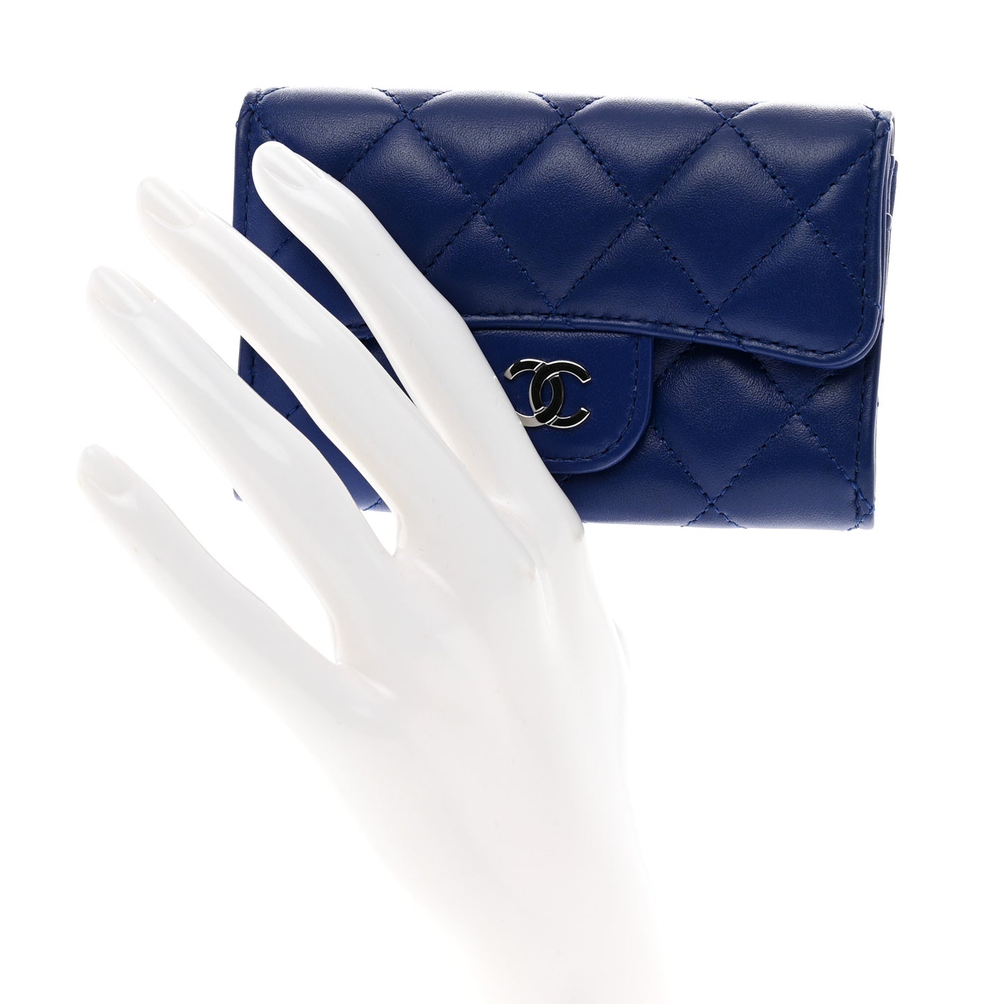 Lambskin Quilted Flap Card Holder Wallet Blue