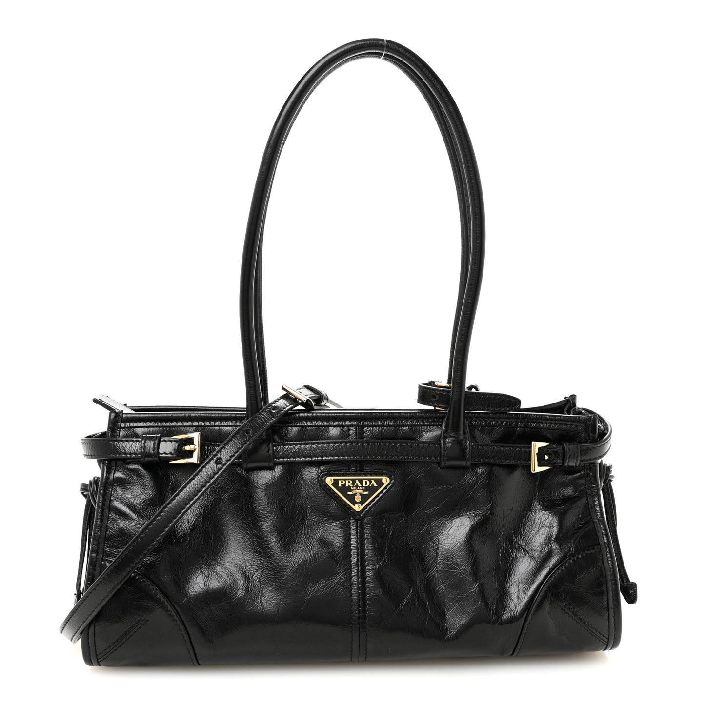 Glossy Calfskin Triangle Medium Bonnie Shoulder Bag Black
