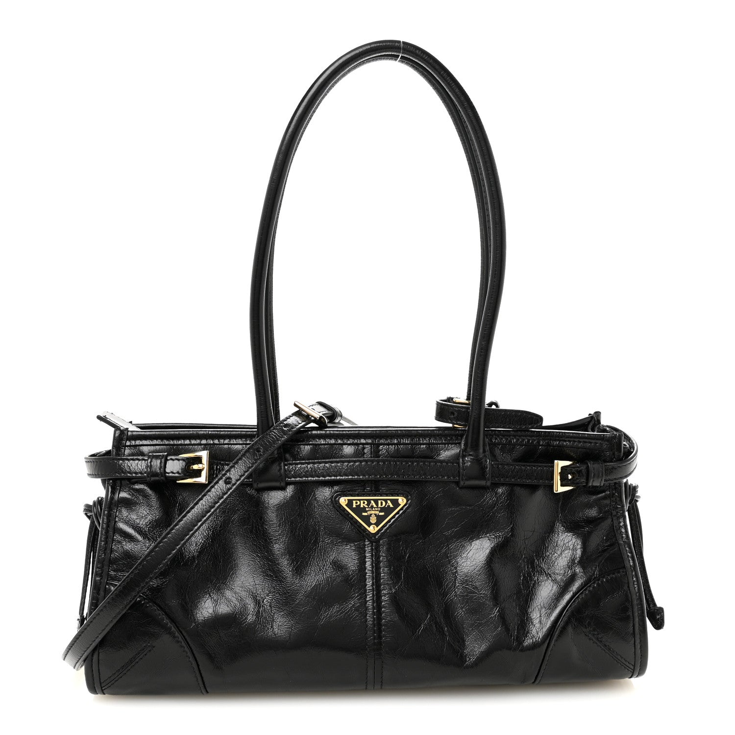 Prada Glossy Calfskin Triangle Medium Bonnie Shoulder Bag Black 1 of 9
