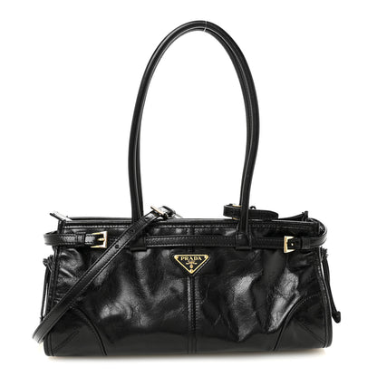 Prada Glossy Calfskin Triangle Medium Bonnie Shoulder Bag Black 1 of 9