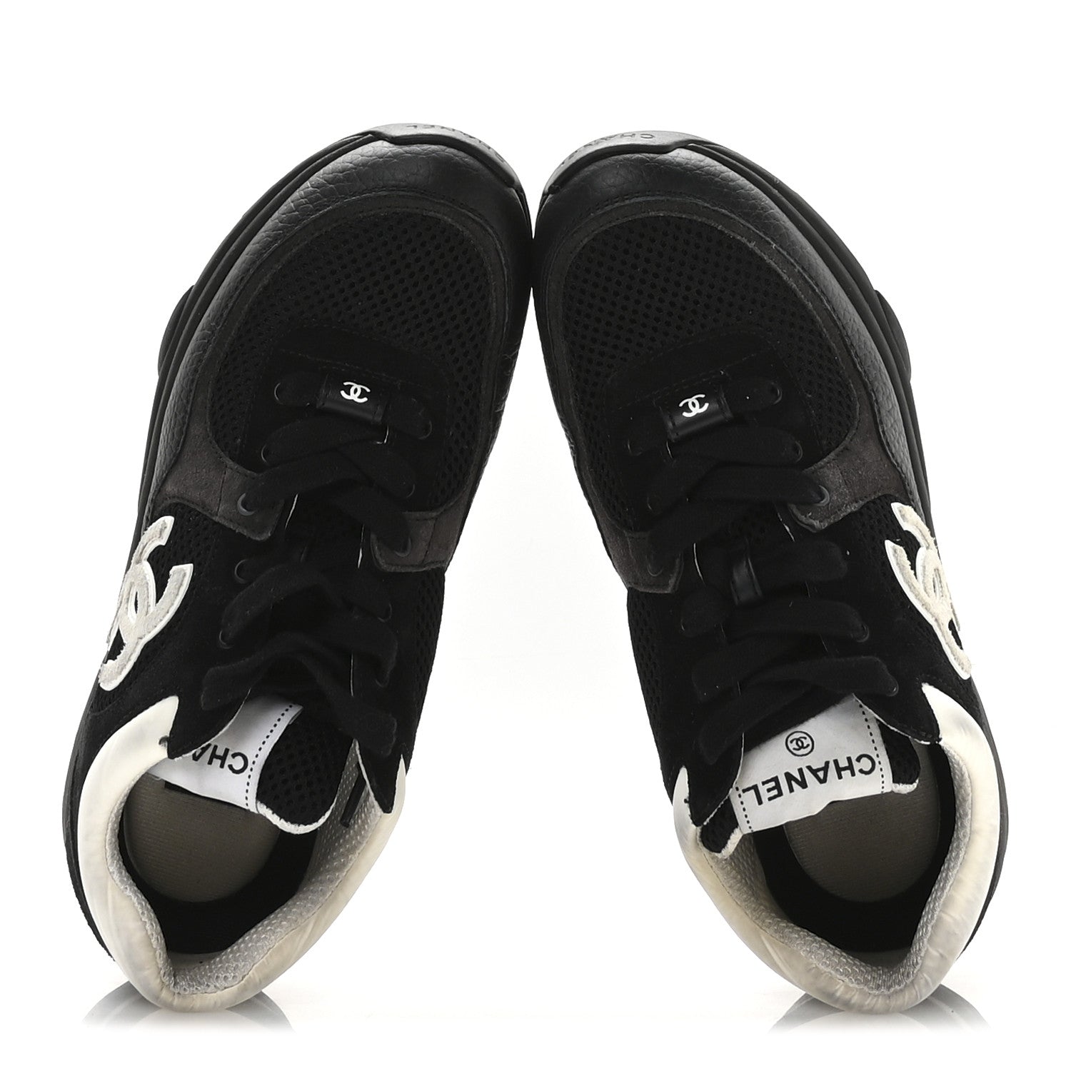 Chanel Mesh Suede Grained Calfskin Womens CC Sneakers 38 Black White 2 of 9