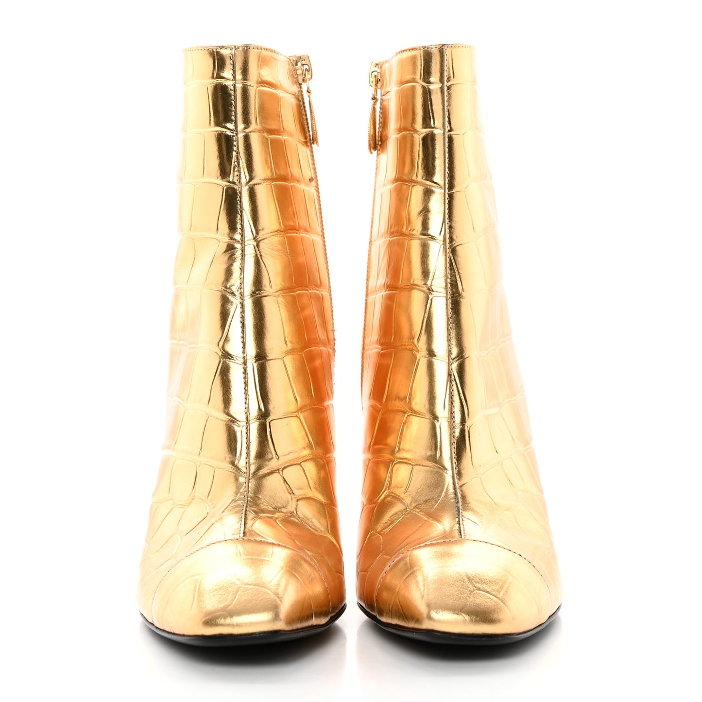 Calfskin Crocodile Embossed Cap Toe Ankle Boots 40 Gold