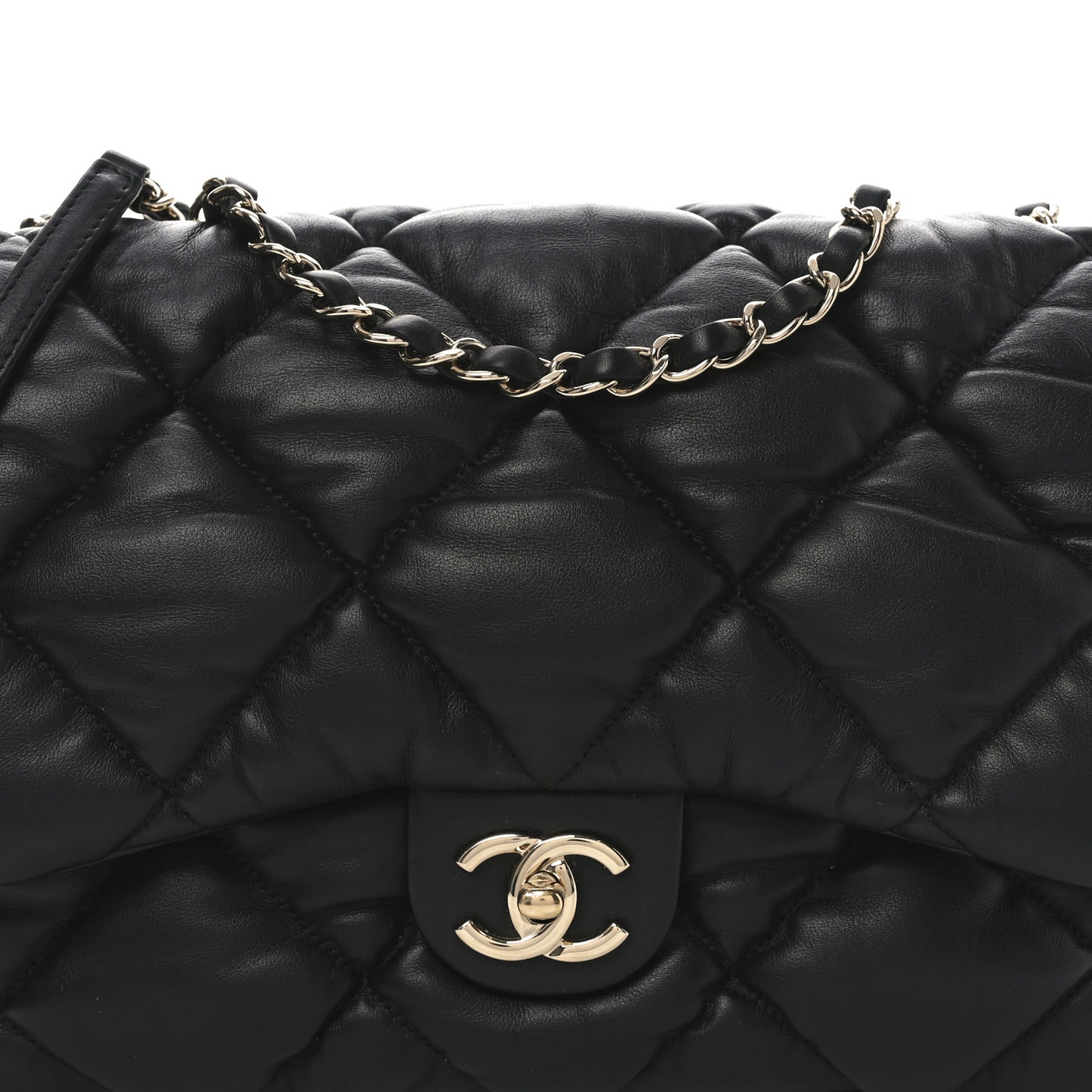 Calfskin Quilted Large Bubbly Flap Black