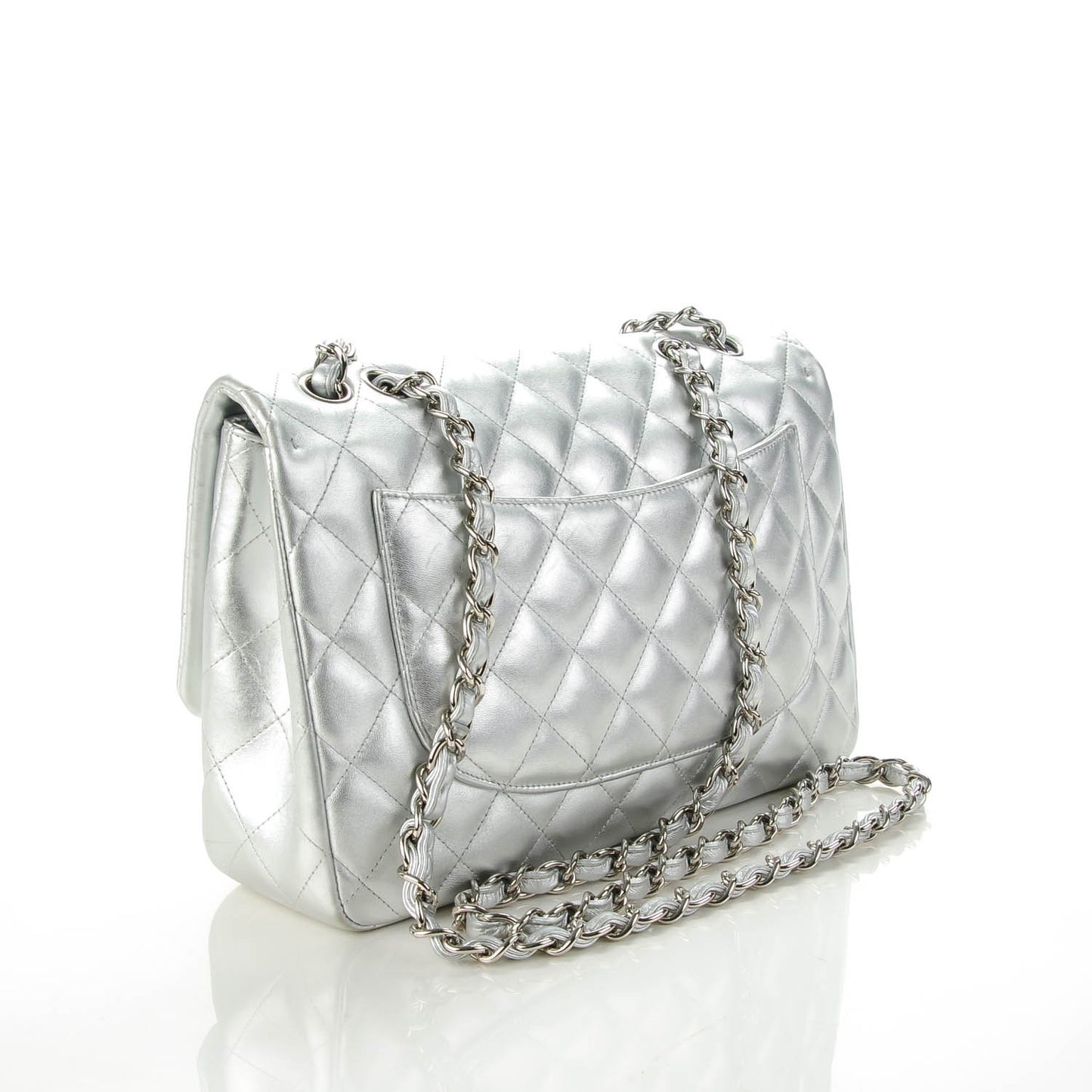 Metallic Lambskin Quilted Jumbo Single Flap Silver