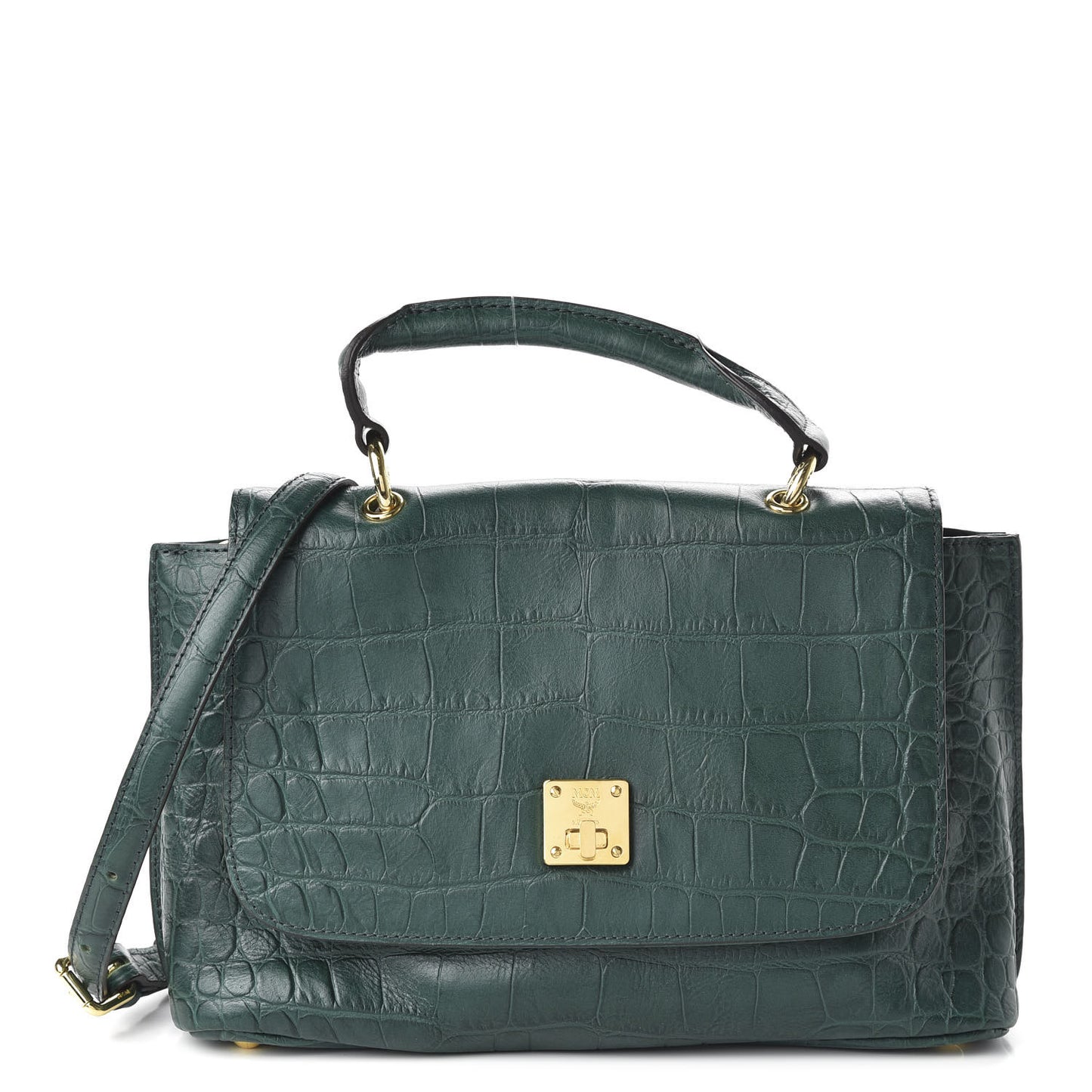 Calfskin Crocodile Embossed Top Handle Shoulder Bag Green