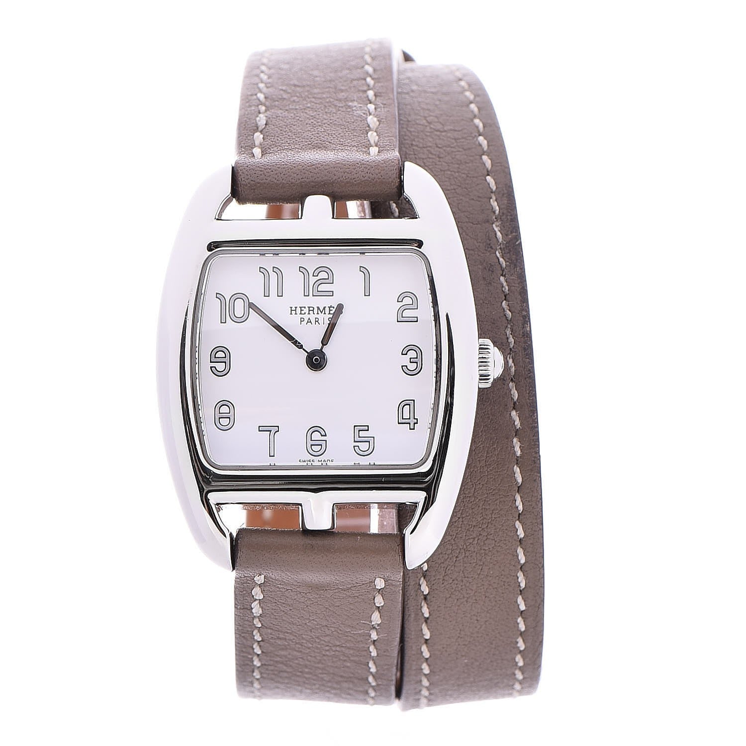 Hermes Stainless Steel Swift 26mm Cape Cod Tonneau Double Tour Quartz Watch Etoupe 1 of 9