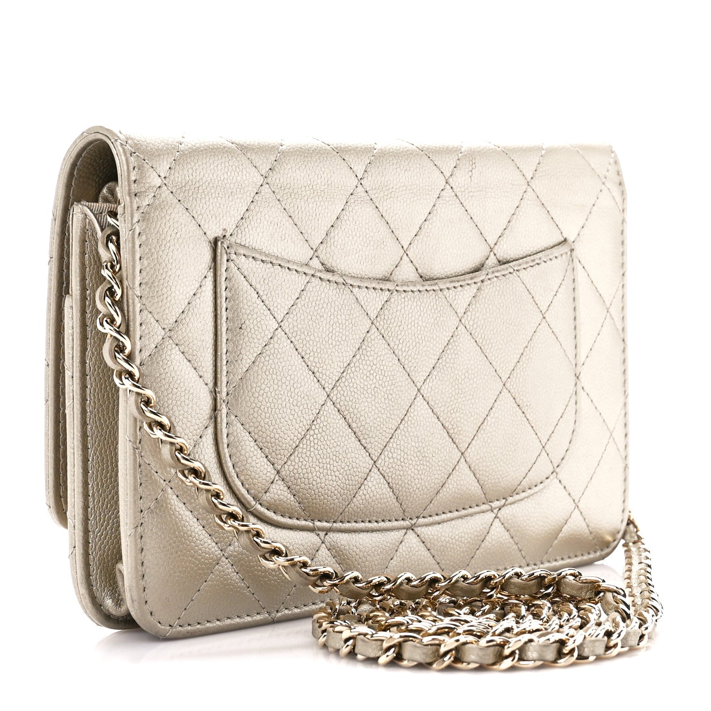 Pearly Caviar Quilted Wallet On Chain WOC Light Gold
