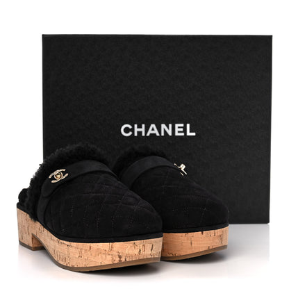 Chanel Suede Calfskin Shearling Turn Lock Clogs 38 Black 8 of 8