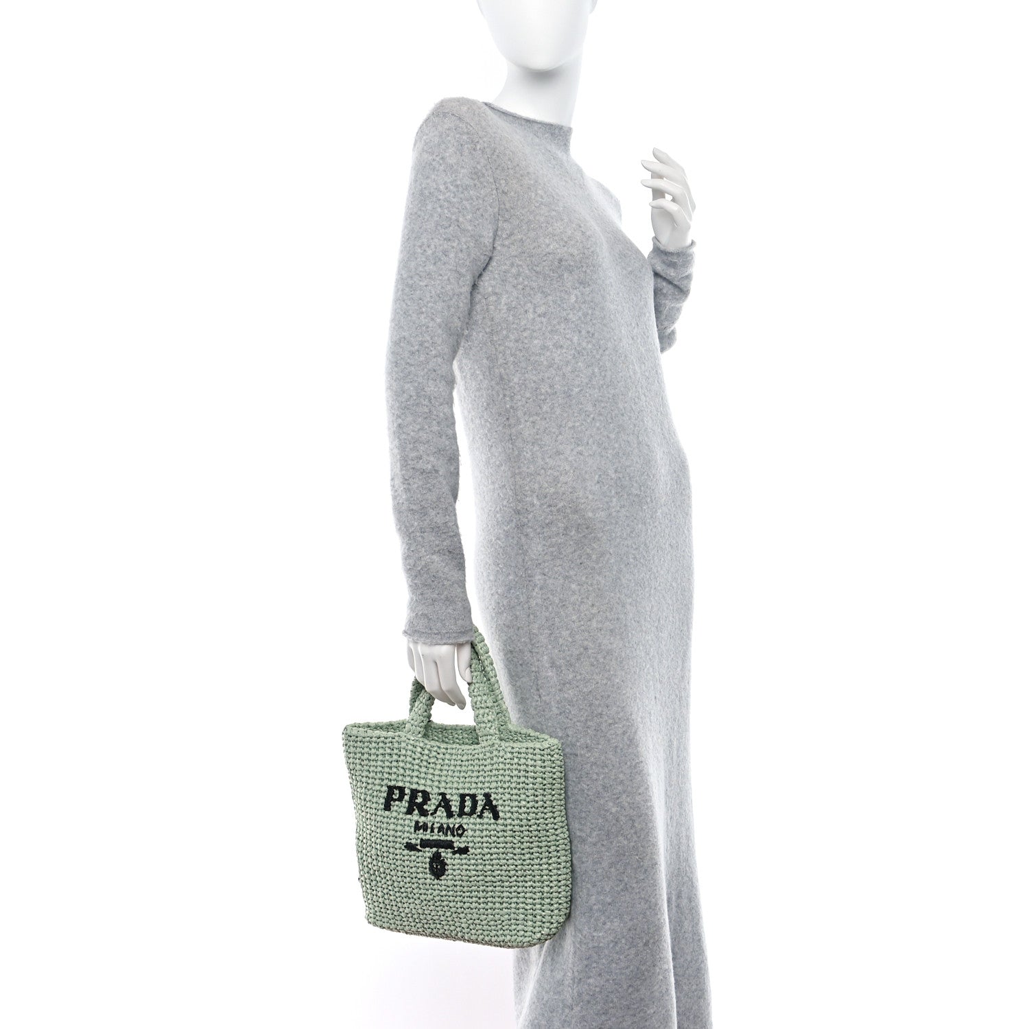 Prada Yarn Raffia Effect Crochet Small Logo Tote Acqua 2 of 9