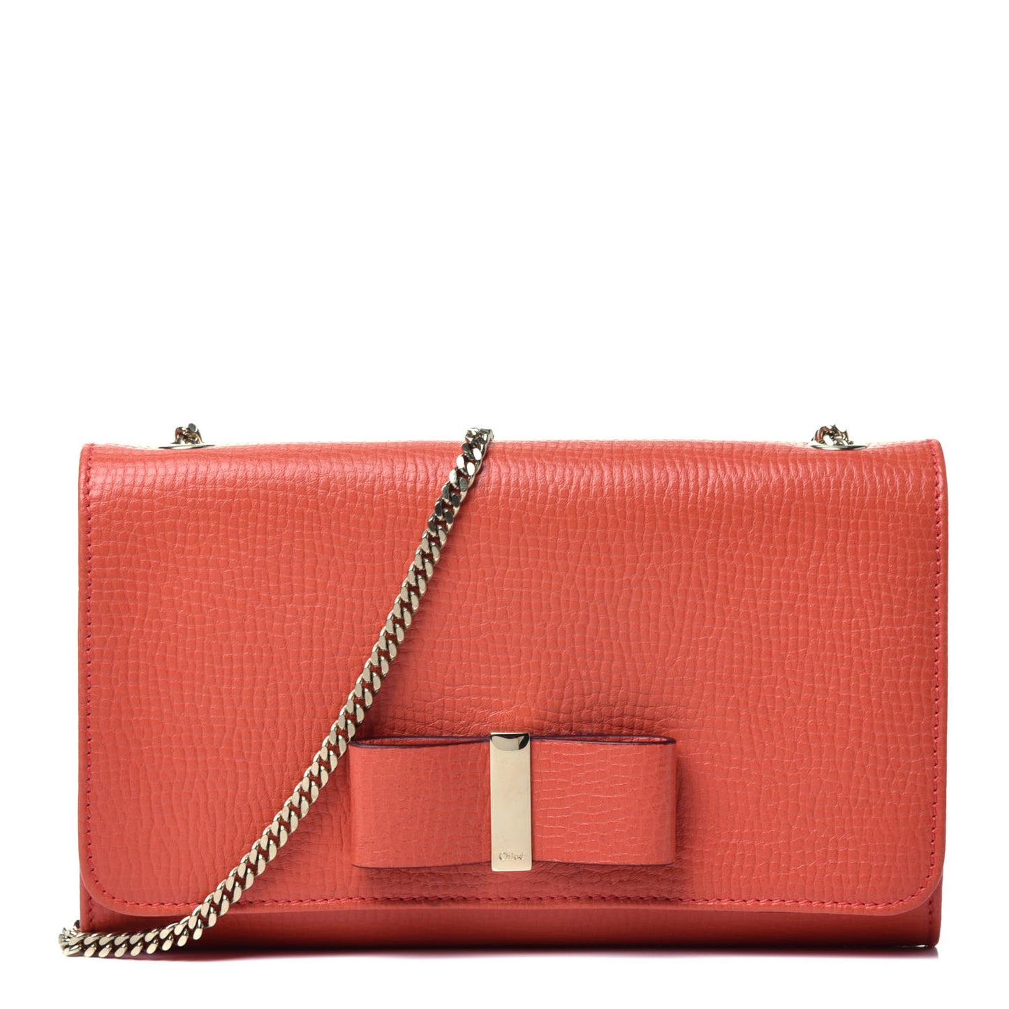 Grained Calfskin Bow Wallet On Chain Sepia Red