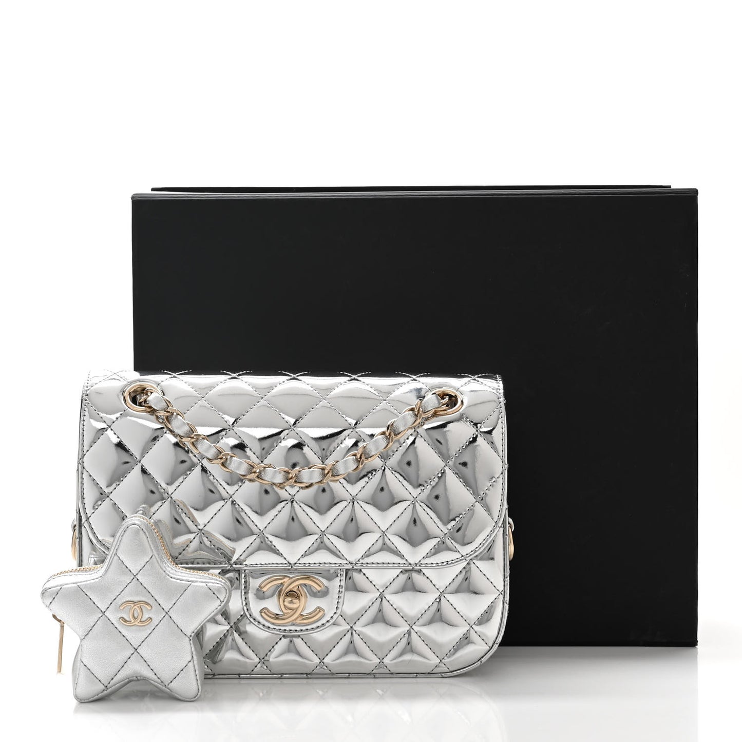 Mirror Calfskin Metallic Calfskin Medium Hollywood Boulevard Flap With Star Coin Purse Silvery