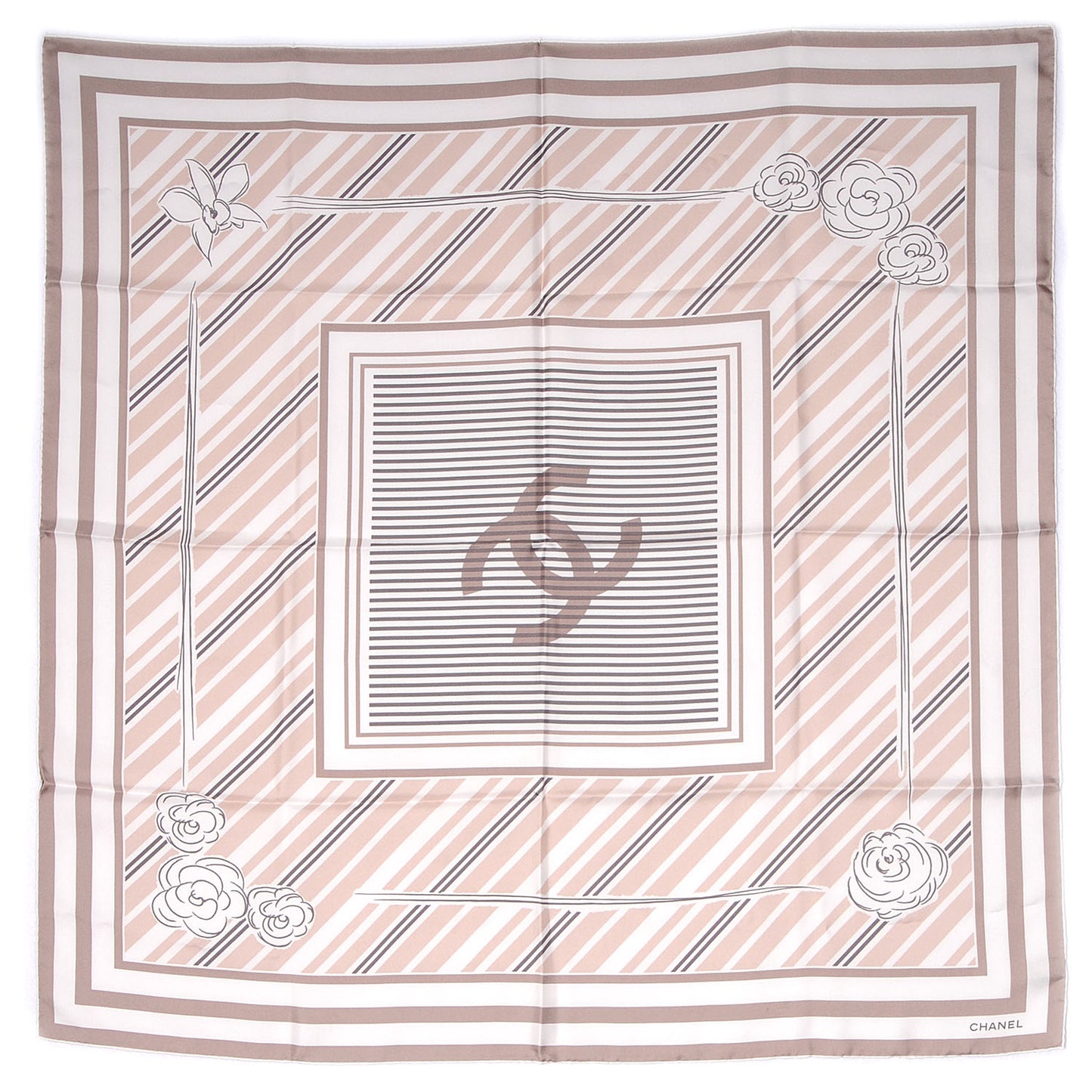 Silk Camellia Stripe CC Scarf Beige