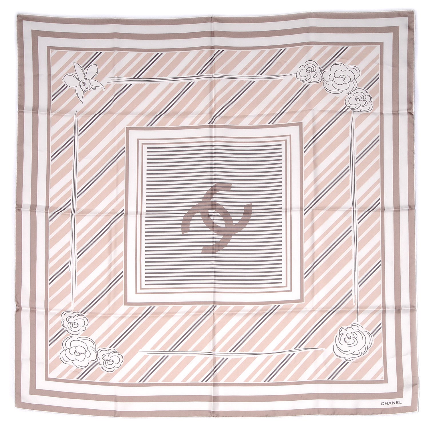 Chanel Silk Camellia Stripe CC Scarf Beige 2 of 5