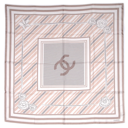 Chanel Silk Camellia Stripe CC Scarf Beige 2 of 5