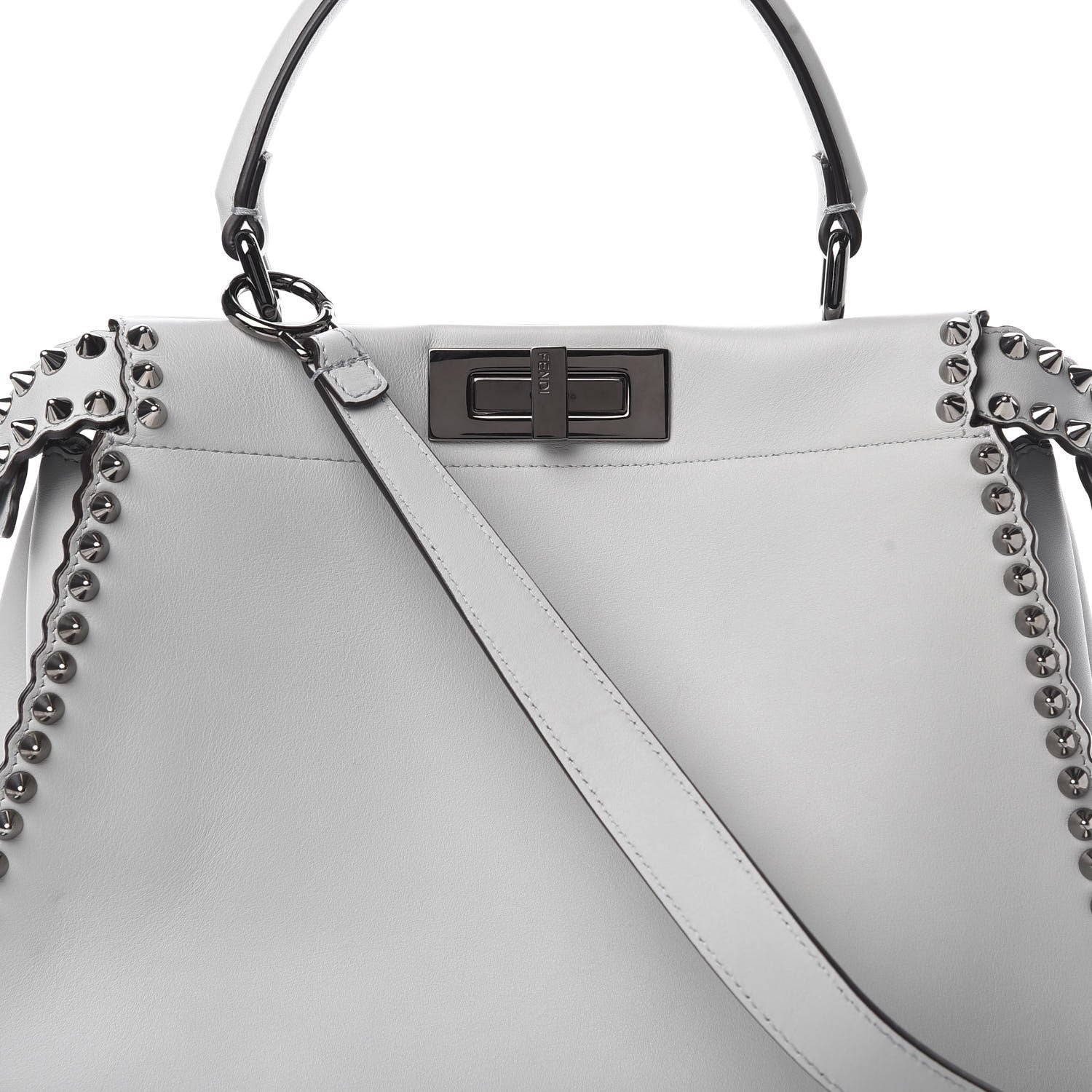 Fendi Vitello Seta Shiny Nappa Scalloped Studded Medium Peekaboo Iconic Satchel Grigio Perla 10 of 13